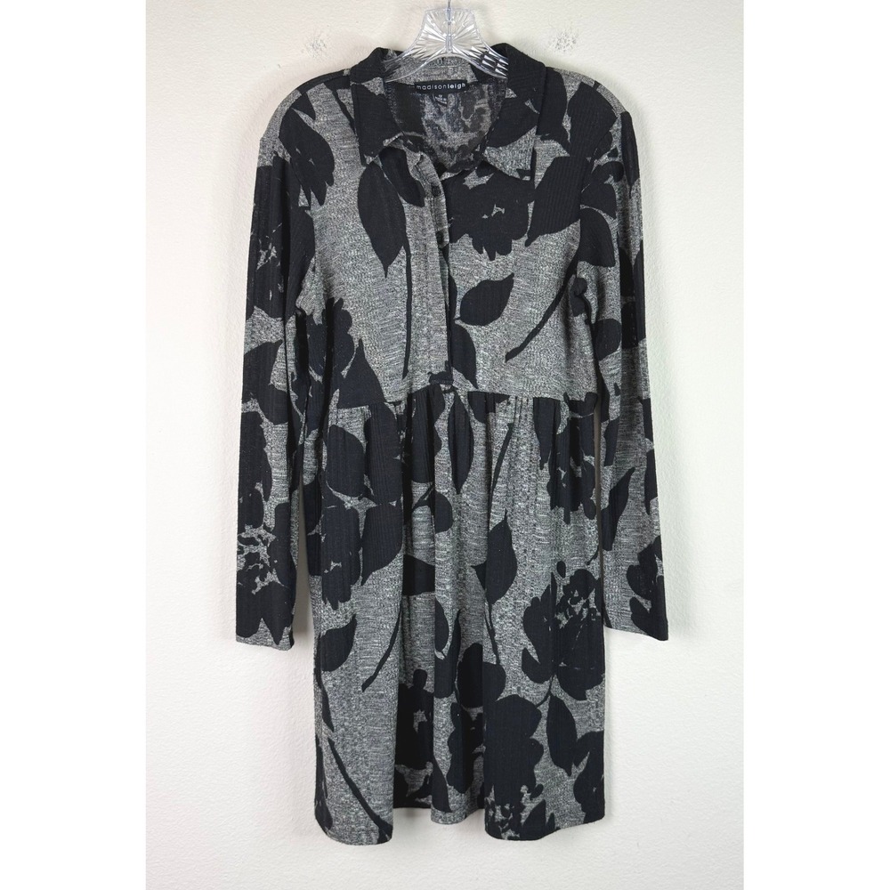 Madison Leigh Dress Women 12 Black Floral Ribbed Knit Long Sleeve Babydoll